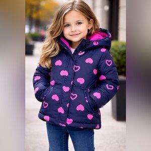 Joe Fresh Girls Puffer Jacket Navy Pink Hearts Size 4